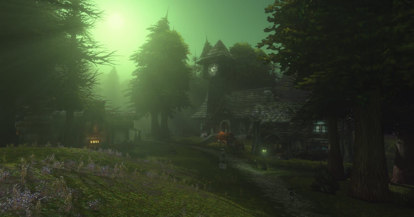 A village with a clock tower under tall pines in green fog, Tirisfal Glades with Forever's new lighting