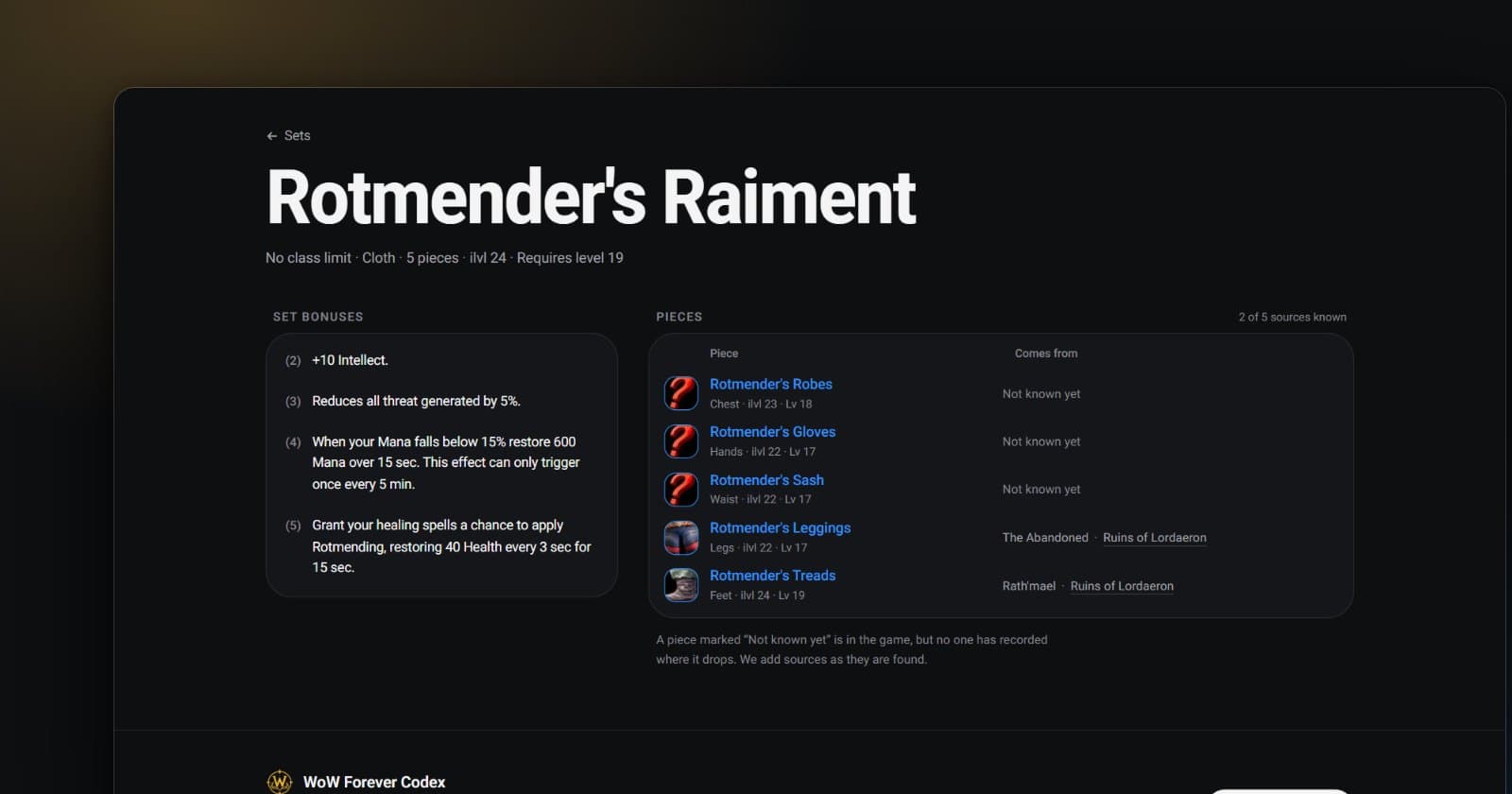 The Rotmender's Raiment set page on the Codex, with its four set bonuses and five pieces