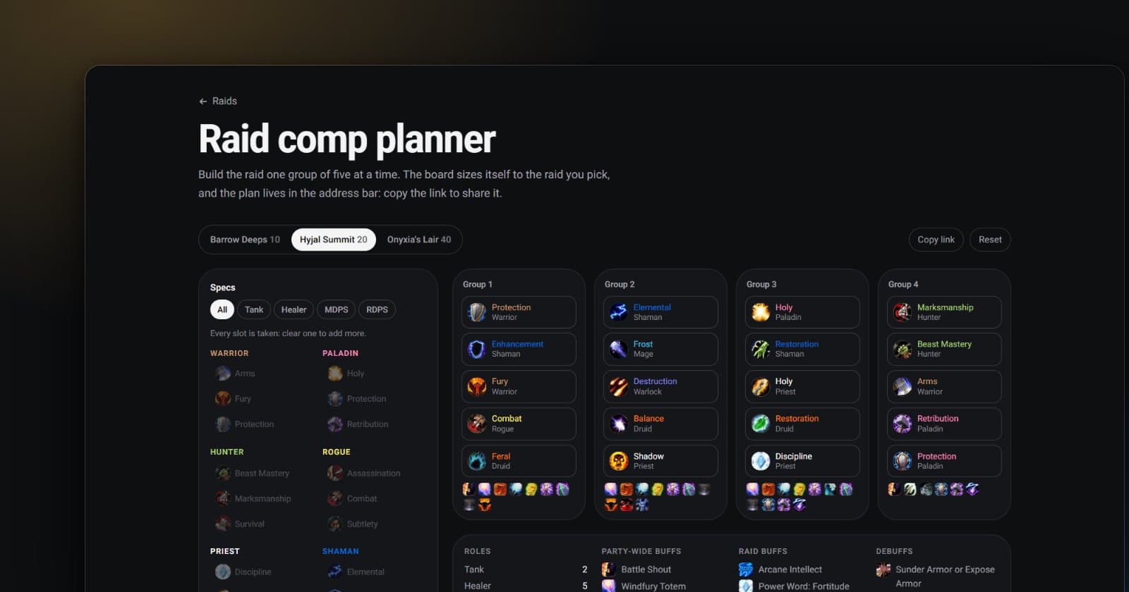 The raid comp planner set to Hyjal Summit, with twenty specs in four groups and the buff icons under each group