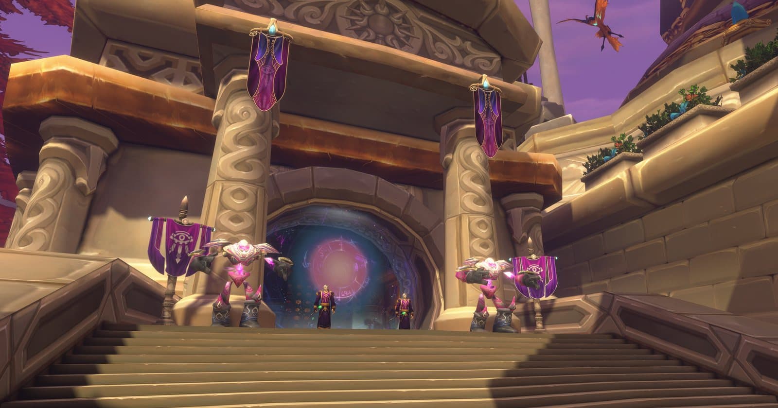 Two robed mages at the top of a wide stone stair, in front of a glowing violet portal flanked by arcane guardians and Kirin Tor banners