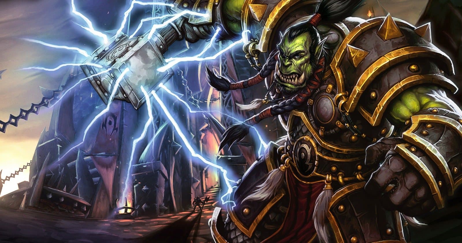 Thrall, the orc shaman, in spiked gold-trimmed armour, with lightning crackling around the hammer he raises behind him