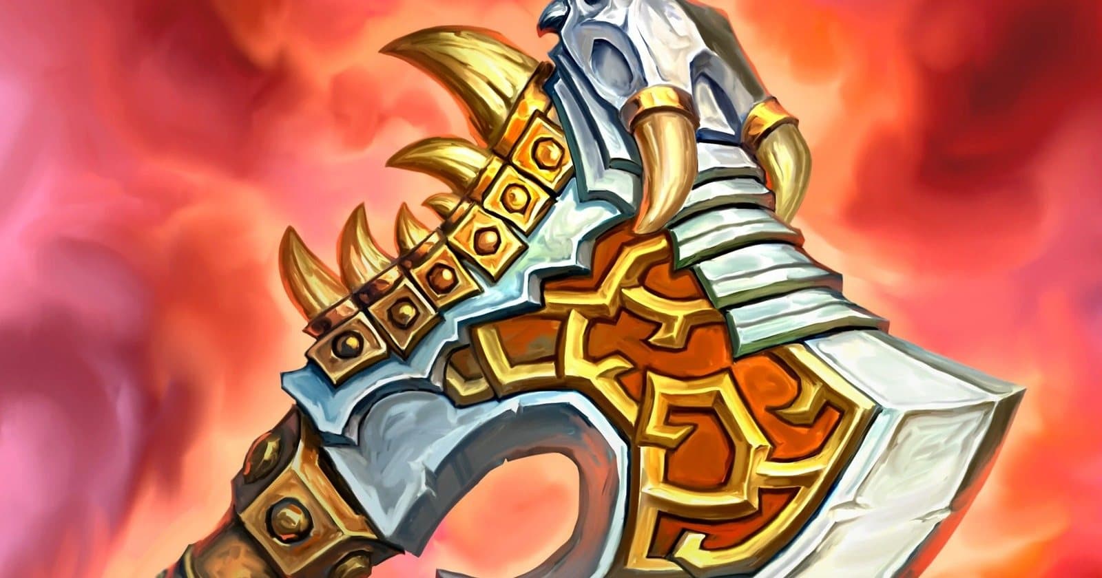 A painted two-handed axe with a broad steel blade, gold trim and curved tusks along its back, on a red and orange background