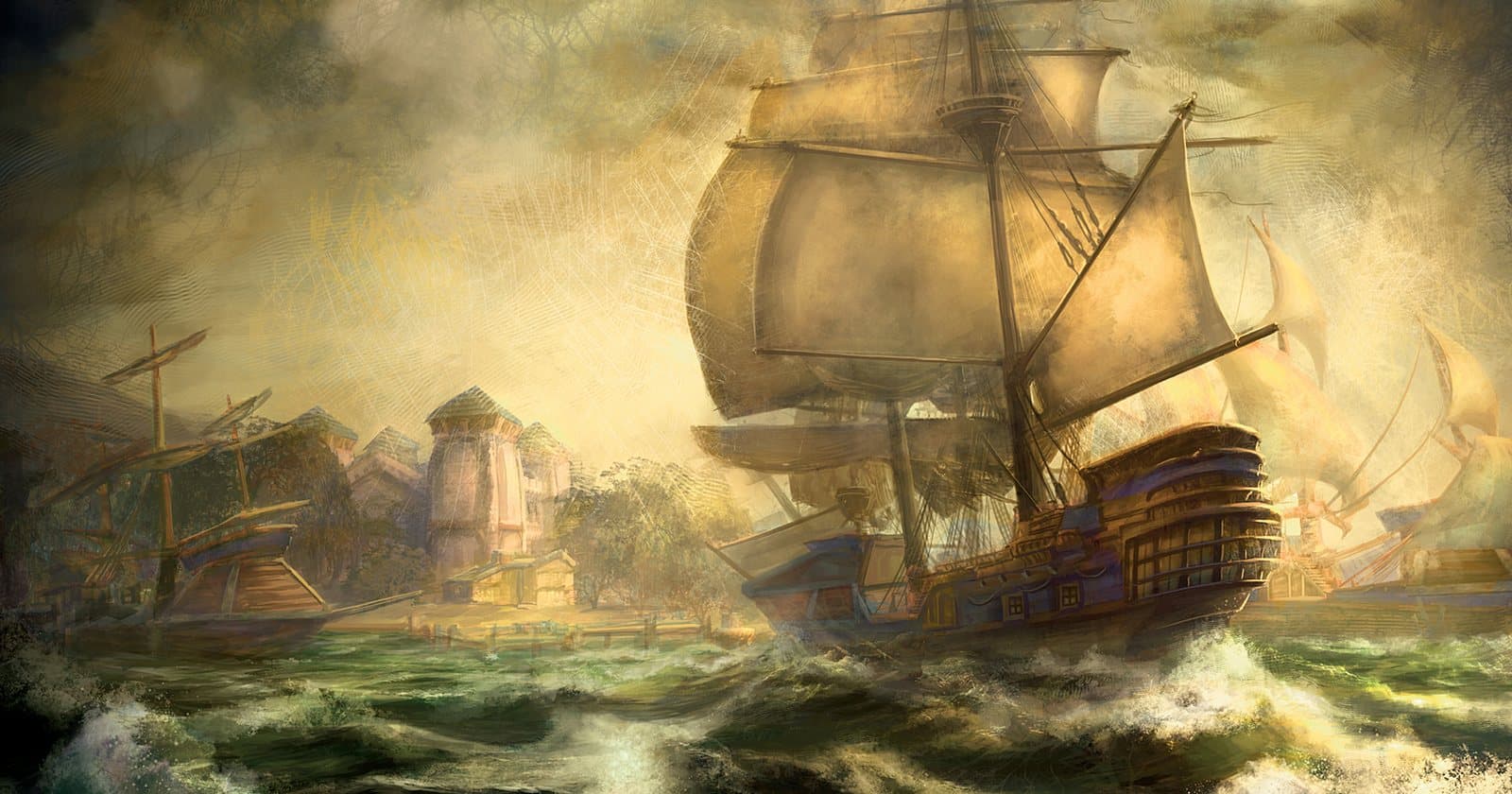 A painting of a tall sailing ship riding green waves into a harbour, with towers and docked ships on the shore behind it