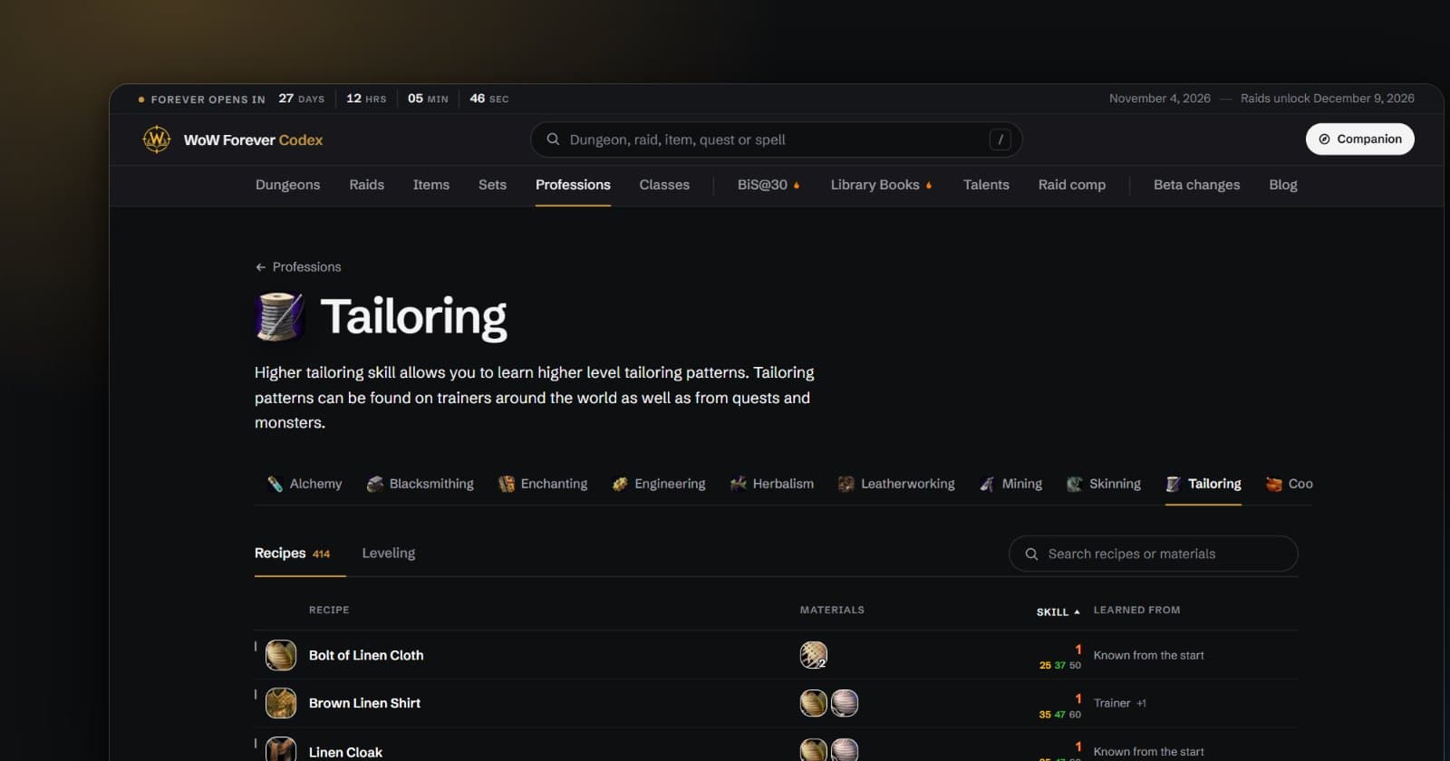 The Codex's Tailoring page: the recipe table with icons, materials, skill numbers in orange, yellow, green and grey, and where each recipe is learned