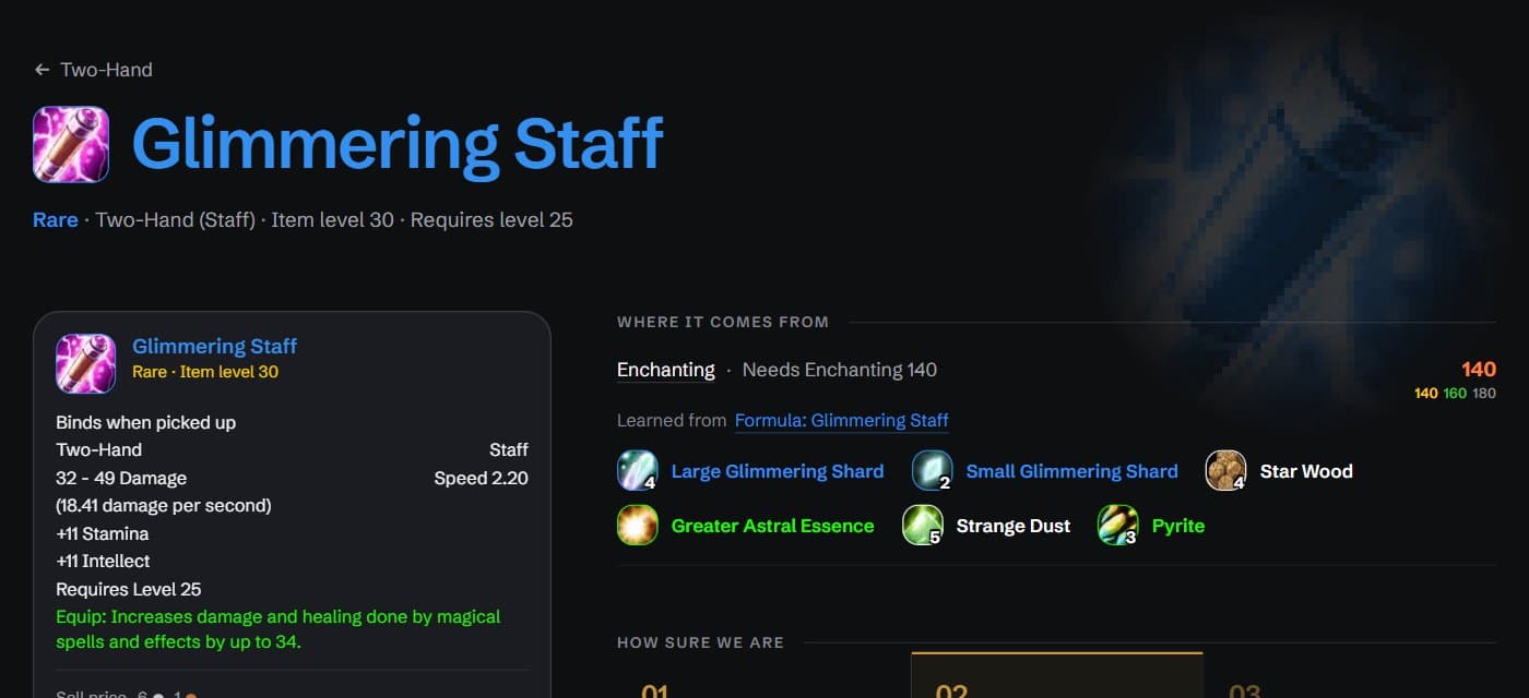 The Glimmering Staff's item page with its Enchanting recipe
