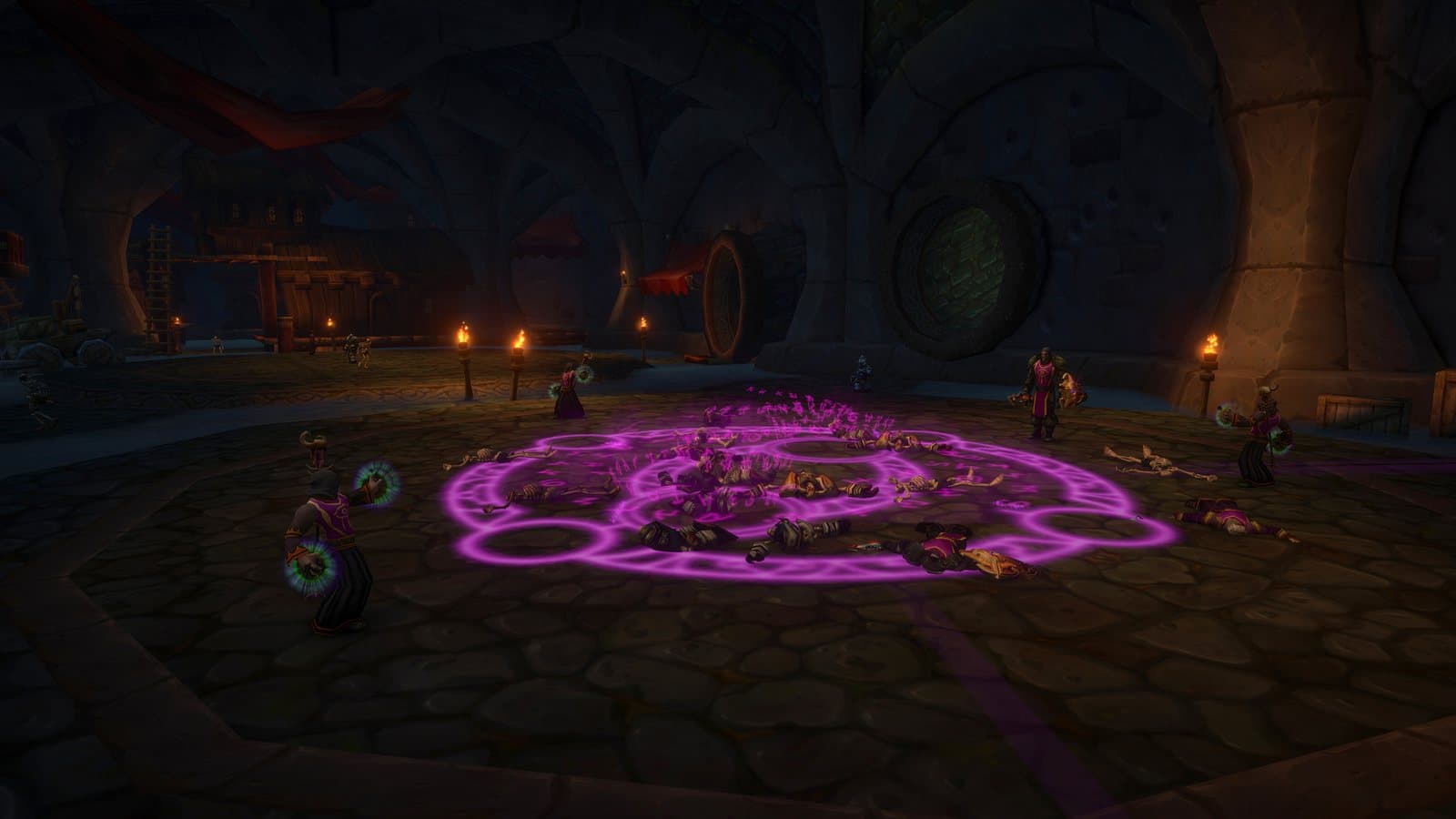 Kirin Tor mages and fallen bodies around a glowing violet circle on a dark stone floor in Dalaran's sewers